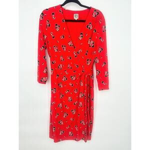 Anne Klein Faux Wrap Dress Womens Size L Red Black Floral Jersey Office Career